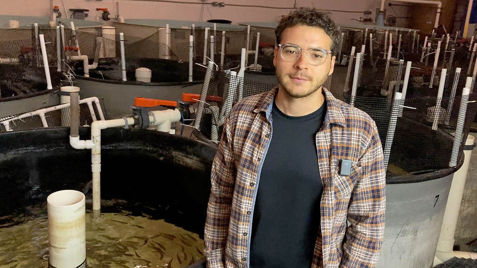 Guglielmo (Orso) Raymo at the aquaculture facility with rainbow trout